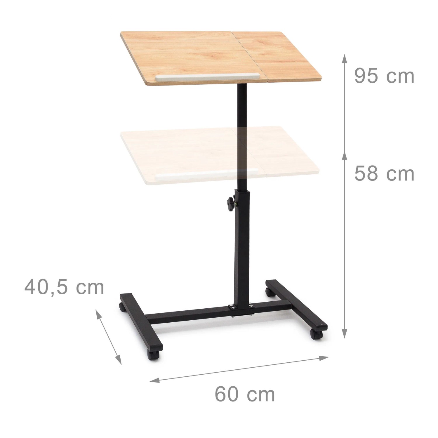 Höhenverstellbarer, gelber Relaxdays Laptoptisch aus Holz mit Rollen und neigbarer Platte.