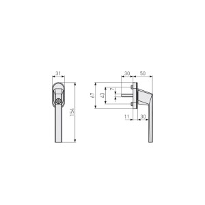 Technische Zeichnung Abus Fenstergriff FG110, abschließbar, in Schwarz mit Maßangaben.