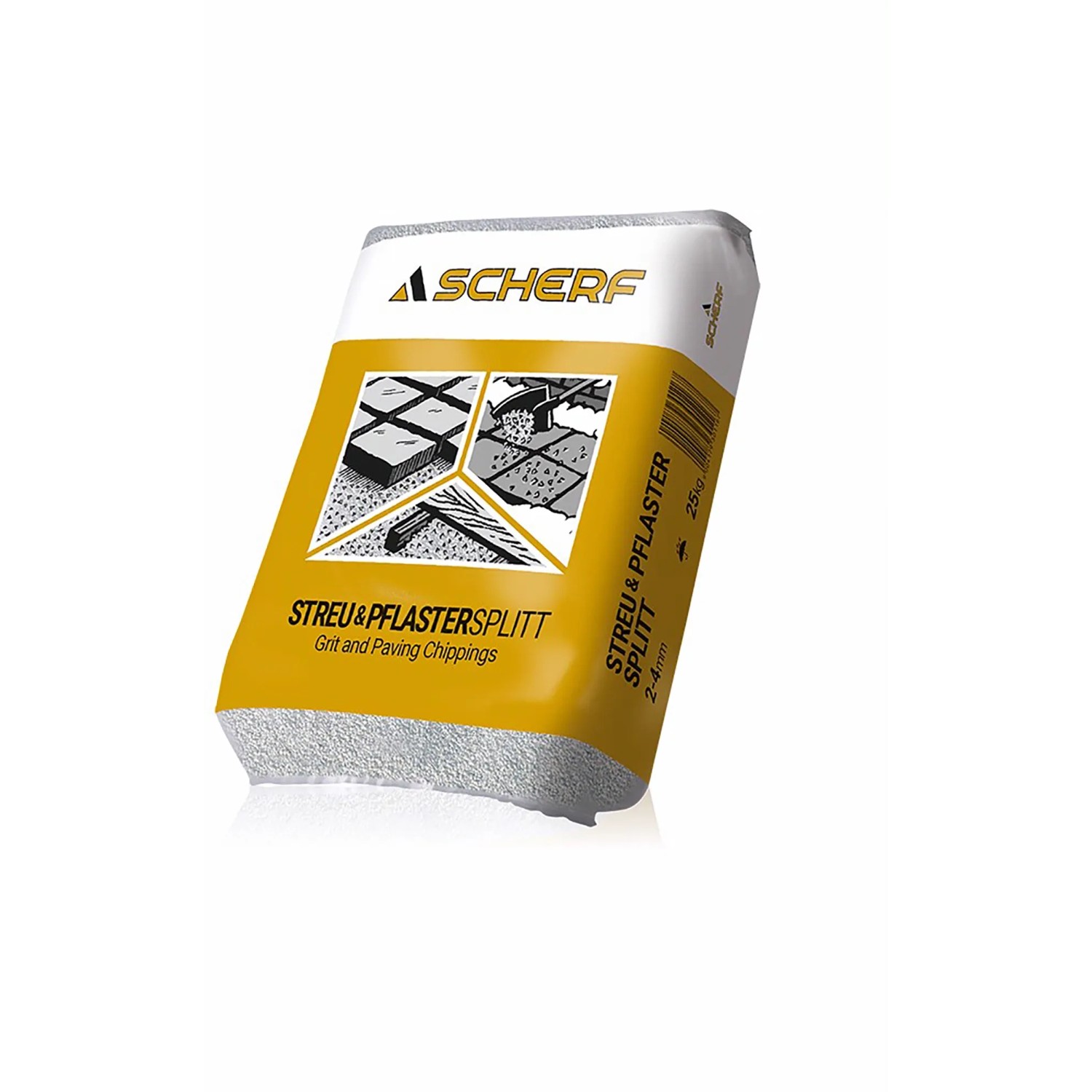 Sack Streu- und Pflastersplitt, 2-4 mm, 25 kg, gelb. Ideal für Gehwege und Pflasterarbeiten.