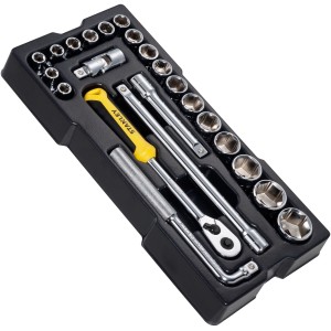 Stanley Steckschlüssel-Set, 23-teilig mit Knarre, Verlängerungen und Nüssen im Werkzeugkasten.