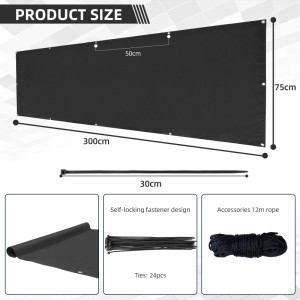 CCLIFE Balkon Sichtschutz, 75x300cm, schwarz, mit Kabelbindern und Seil zur Zaunbefestigung.