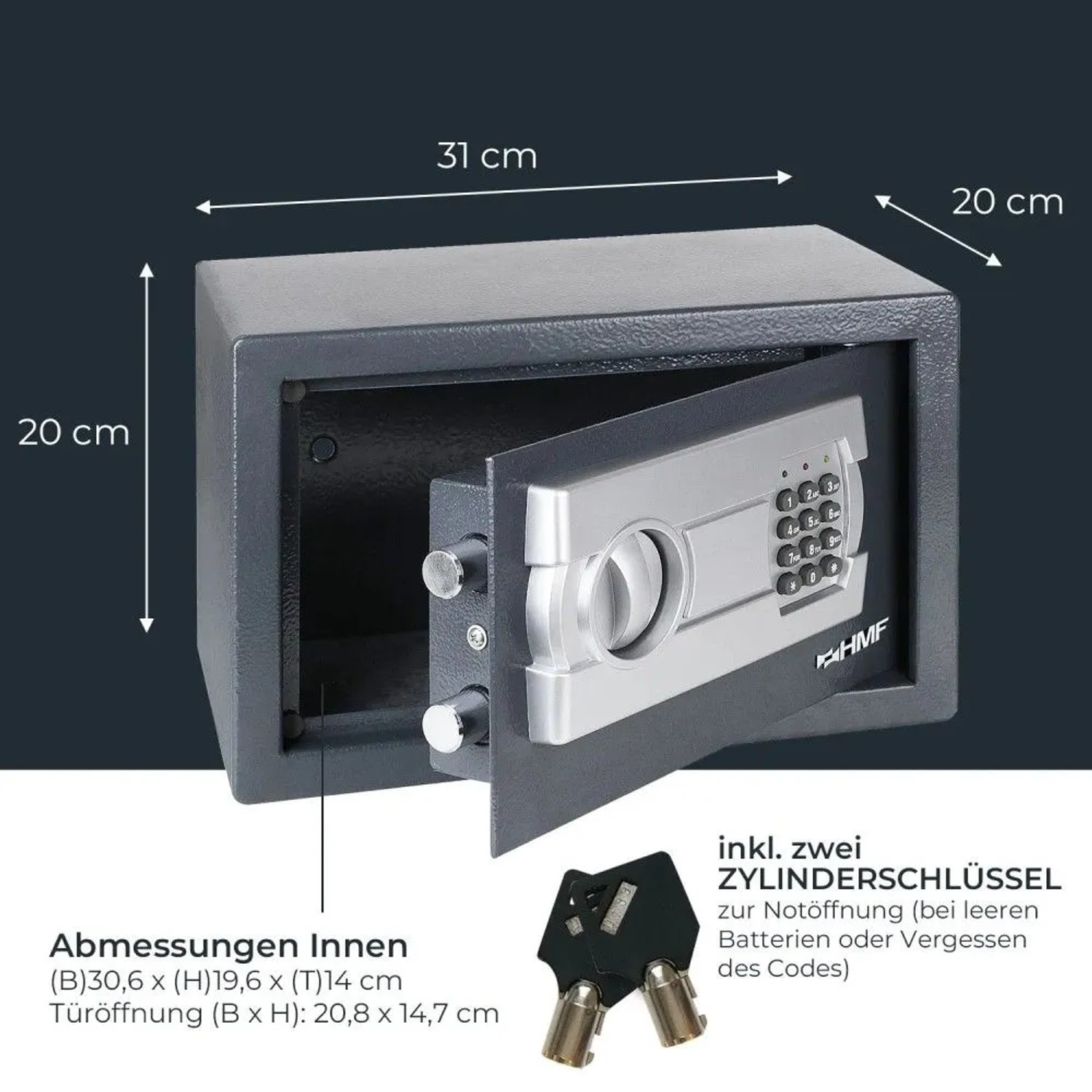 Anthrazitfarbener HMF Möbeltresor 31x20x20 cm mit offenem Elektronikschloss, Doppelbolzen und Notfallschlüsseln.
