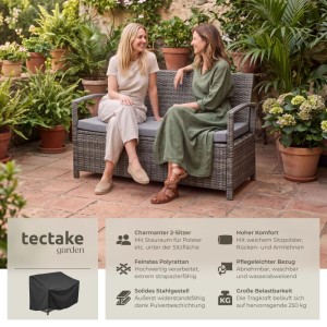 Tectake Rattan Gartenbank Vecchia 2 Sitzer  Wetterfest Großzügiger Stauraum  56 x 128 x 77 5 cm Grau