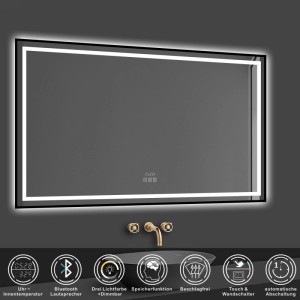 Rechteckiger Duschparadies LED Badspiegel 140x80cm mit schwarzem Rahmen, beleuchteten Kanten, digitaler Uhr, Bluetooth und Touch-Steuerung.