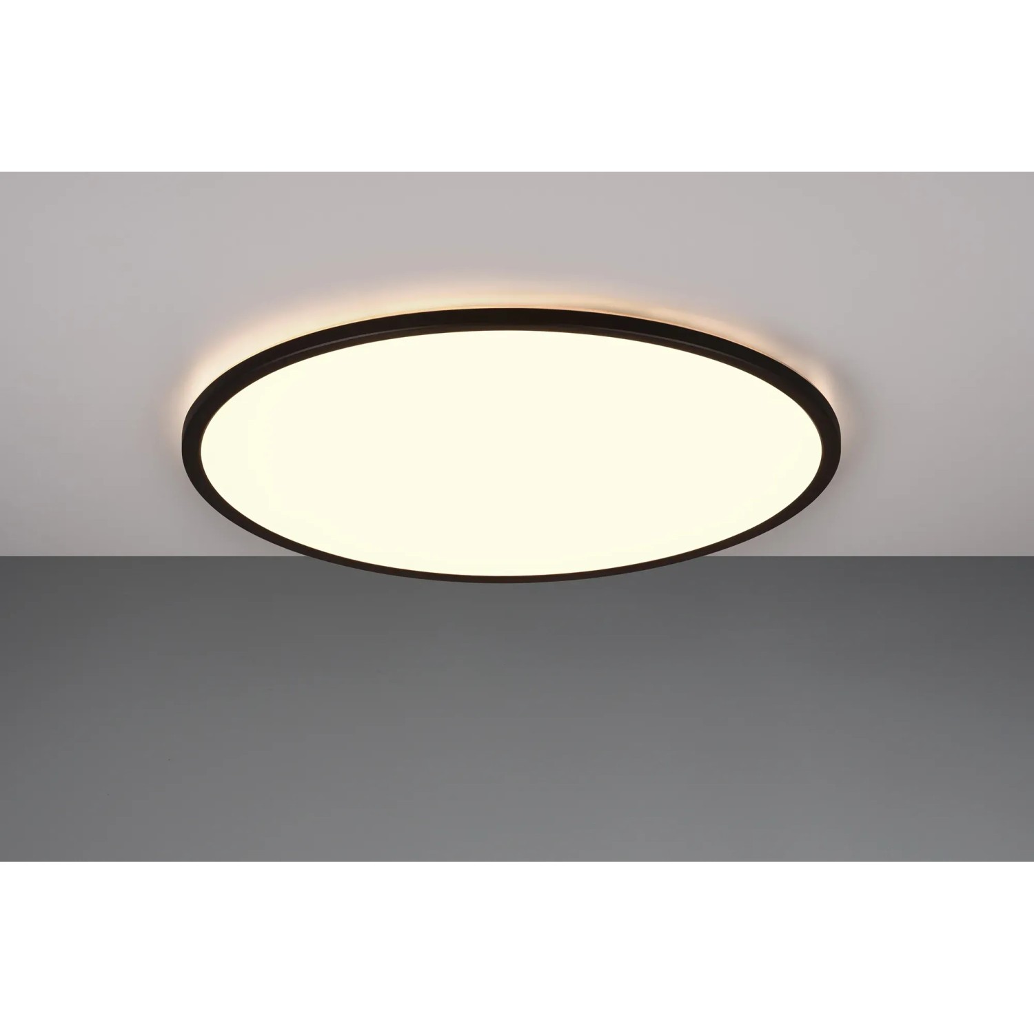 Schwarze, runde Reality LED-Deckenleuchte Scott, 50 cm Durchmesser. Moderne LED-Panel für Wohnräume.