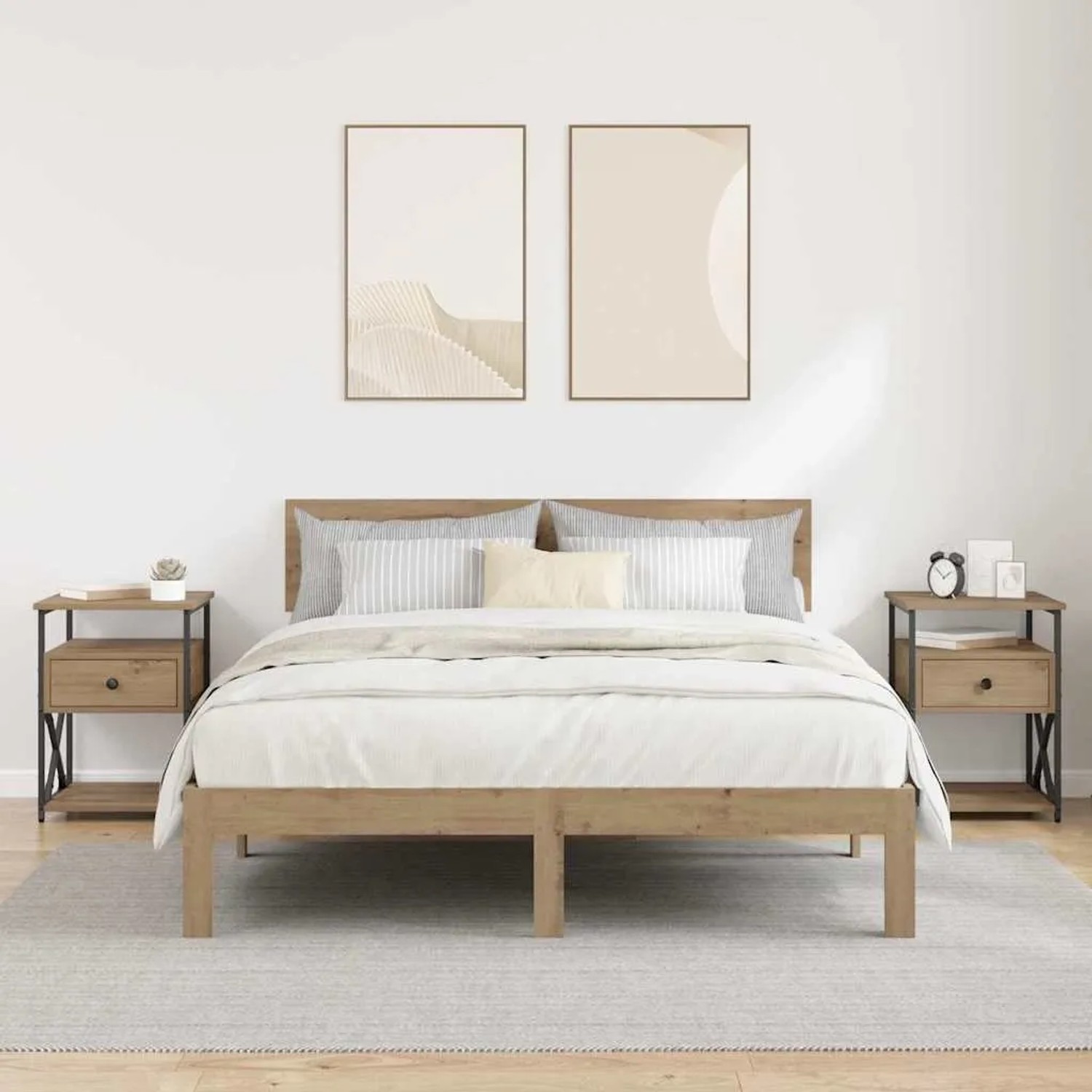 Zwei vidaXL Nachttische Artisan-Eiche mit Schublade, offenem Fach, schwarzem Metallgestell im Schlafzimmer.
