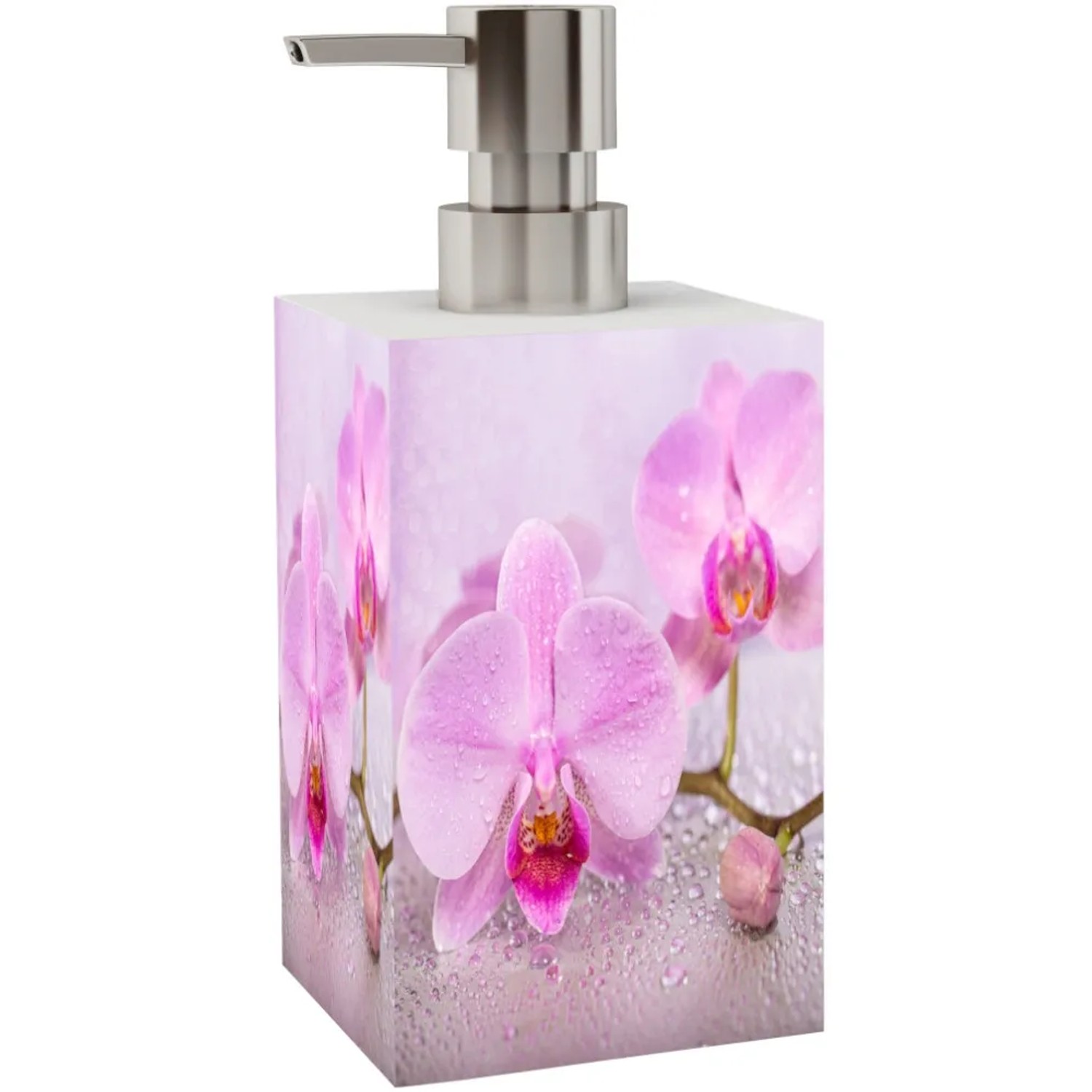 Sanilo Bad Set mit Seifenspender und WC-Bürste, Blooming Design mit Orchideen.
