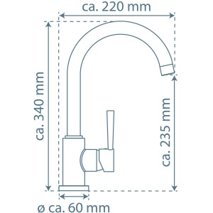 Skizze der Schütte Cornwall Niederdruck Spültischarmatur in Edelstahl-Optik mit Maßangaben.