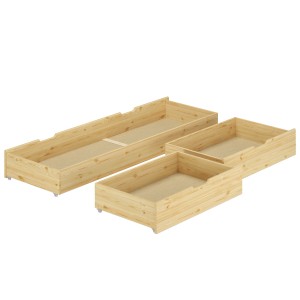 Dreiteiliger Bettkasten aus Kiefernholz für Doppelbetten, bestehend aus einem großen und zwei kleinen Kästen.