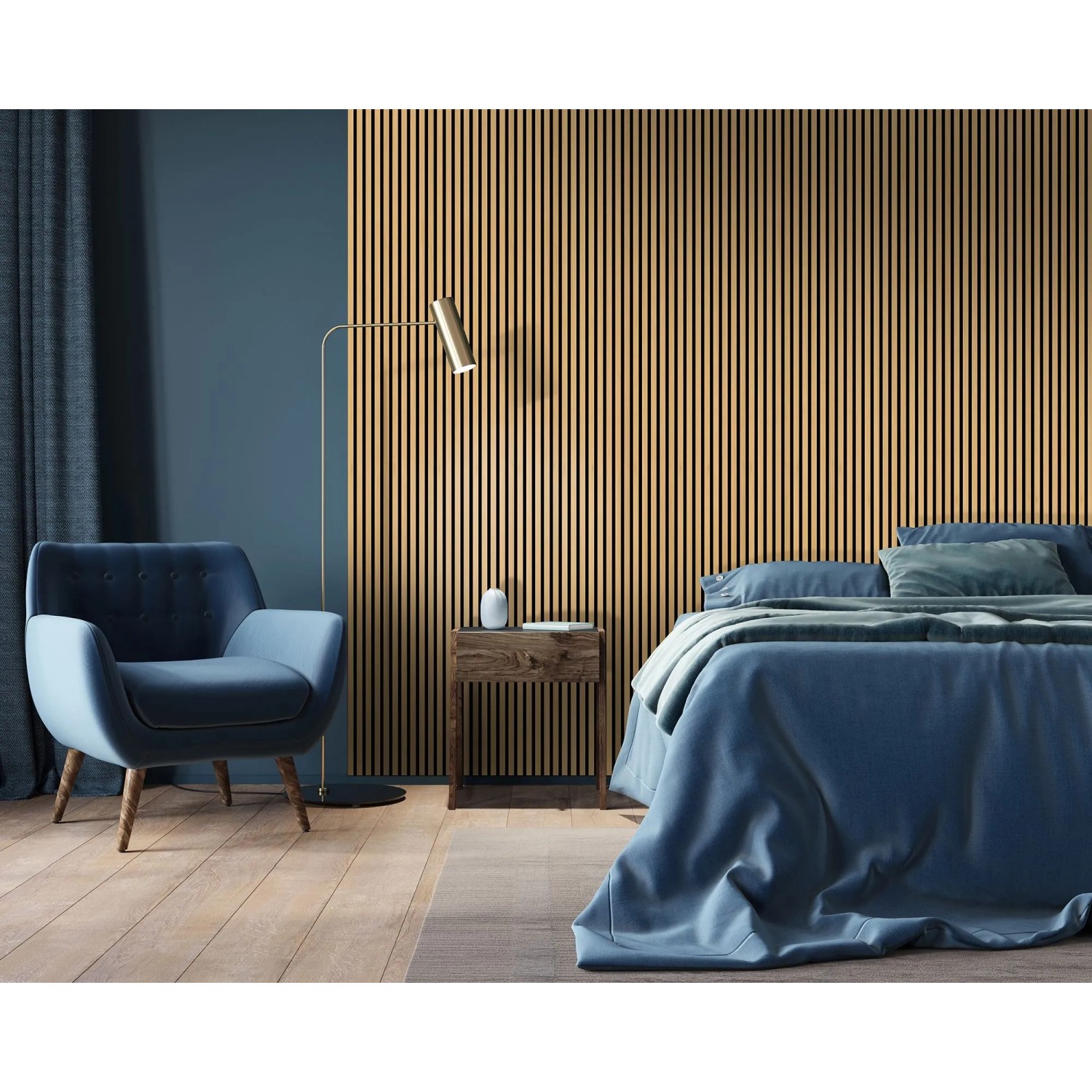 Schlafzimmer mit FN Acustico Akustikpaneel Eiche Natur an der Wand.