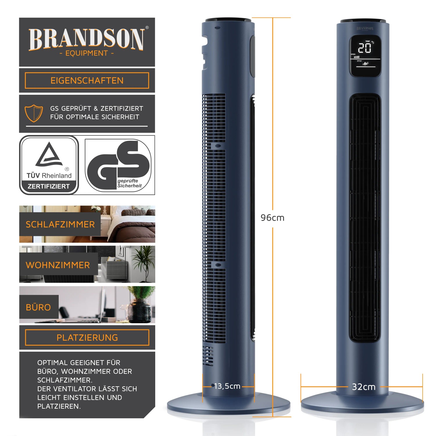 Brandson Turmventilator, 96cm, blau. Mobiler Ventilator mit Fernbedienung und Oszillation für eine angenehme Kühlung.