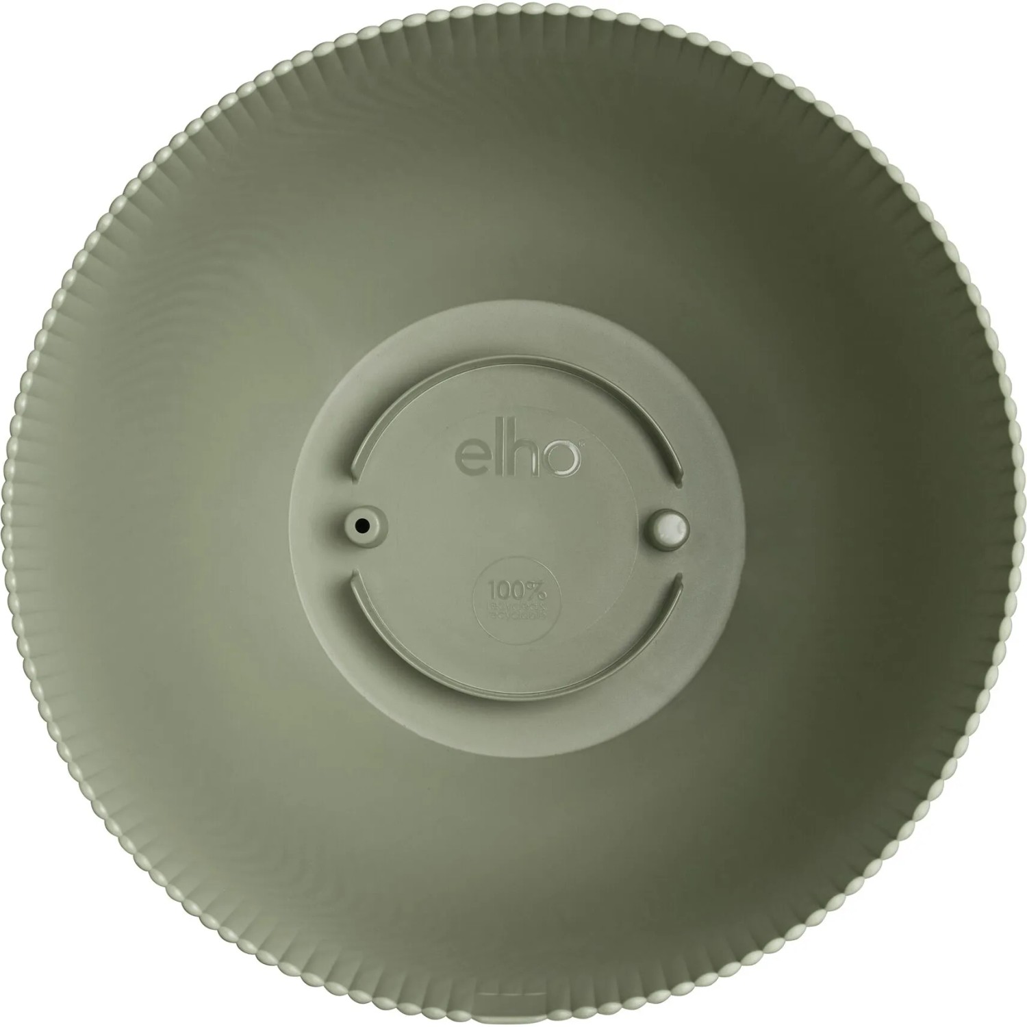 Elho Blumentopf Sereh, Ø 47cm, grün, Unterseite mit Elho Logo und Details.