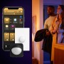 Philips Hue Zubehör: App-Steuerung auf Smartphone, Dimmschalter und Bewegungsmelder für smarte Lichtsteuerung.