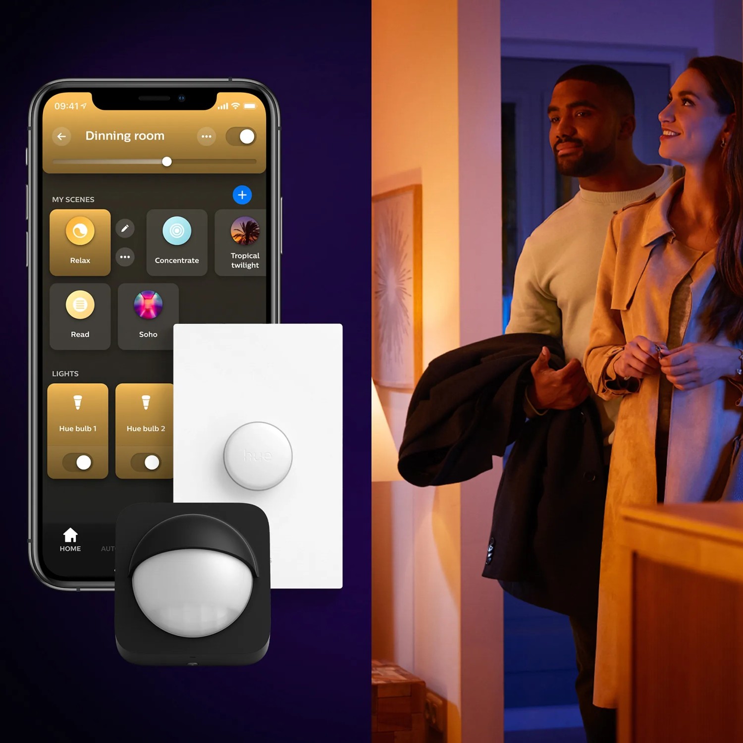 Philips Hue Zubehör: App-Steuerung auf Smartphone, Dimmschalter und Bewegungsmelder für smarte Lichtsteuerung.