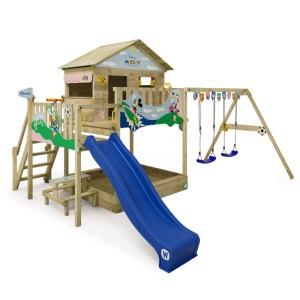 Wickey Spielturm Disney Quest mit Rutsche und Schaukel in Blau. Klettergerüst aus Holz mit Micky Maus Motiven.