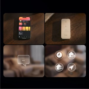 Philips Hue App auf Smartphone, Dimmer Switch und Smart Home Icons zeigen Steuerung des smarten Lichtervorhangs.
