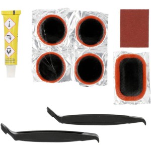 Fischer Flickbox 9-teilig: Flickzeug, Reifenheber, Vulkanisierlösung und Schleifpapier für Fahrradreparaturen.