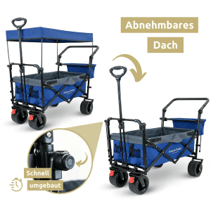 Faltbarer Bollerwagen deluxe4home, blau-grau, mit Dach und breiten Reifen für Camping & Outdoor.