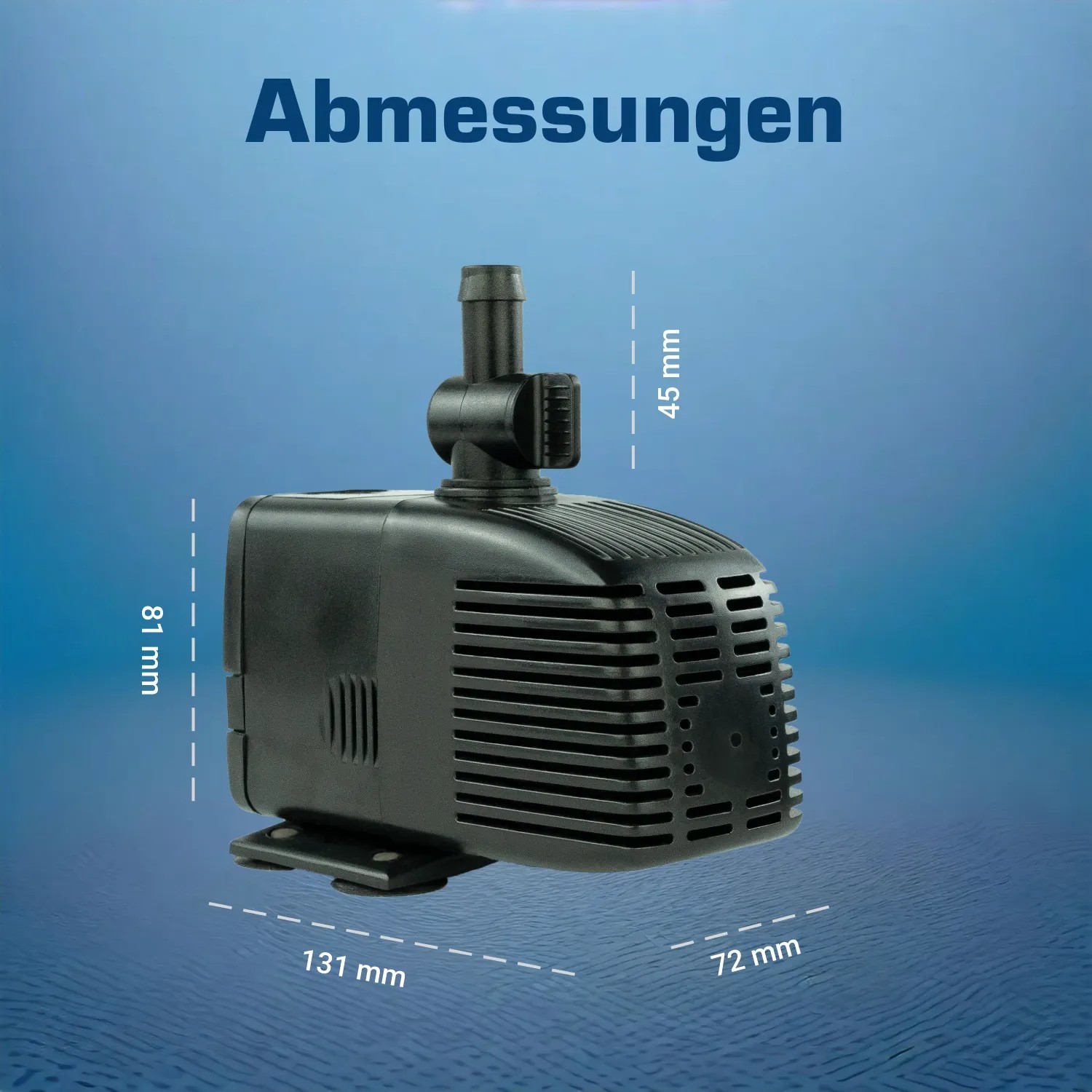 Abbildung der Kerry Electronics Teichpumpe mit Maßangaben.