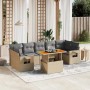 Beige 8-tlg. vidaXL Garten-Sofagarnitur aus Rattan mit hellgrauen Kissen und Tisch mit Holzplatte.
