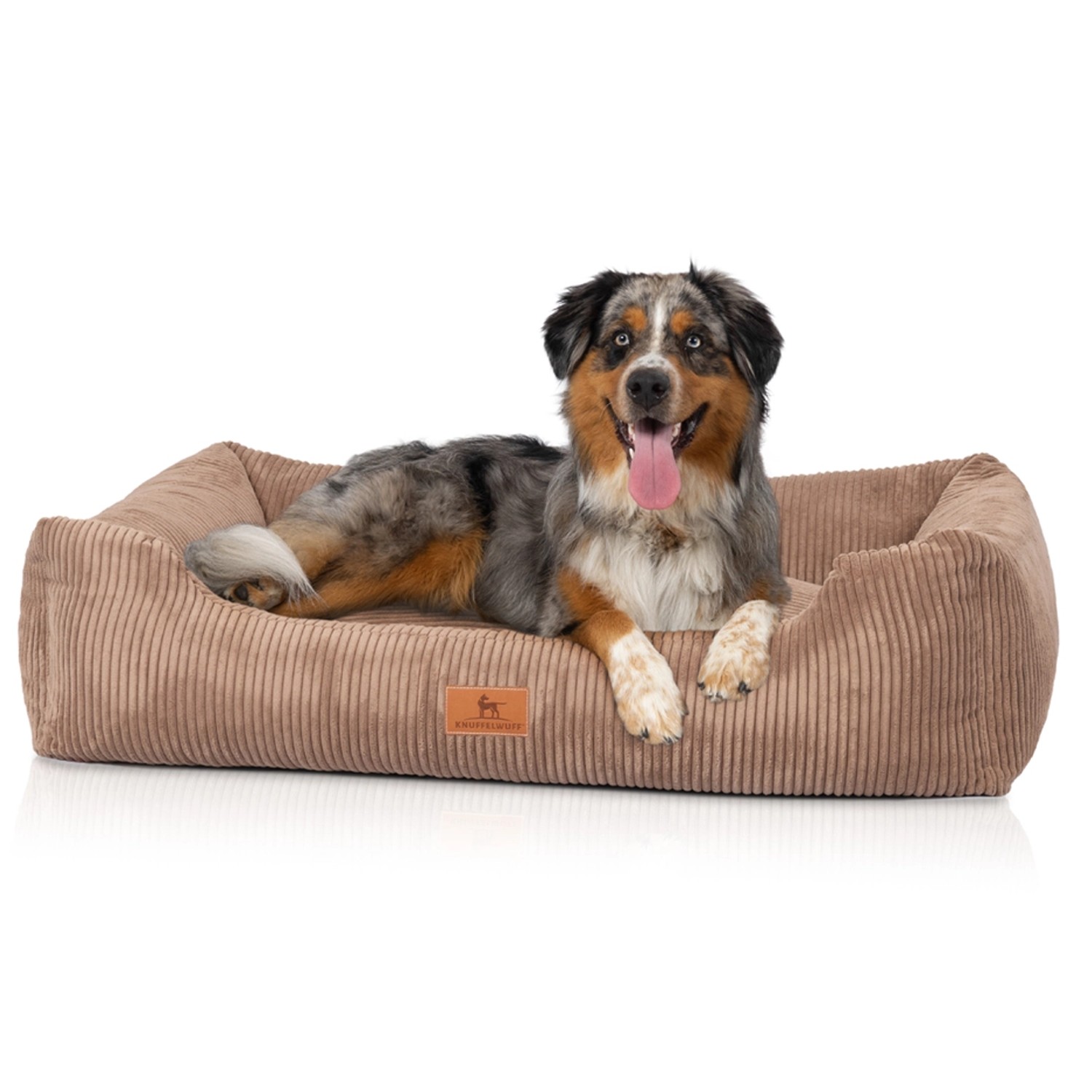 Braunes Knuffelwuff Hundebett Olivia Cord XXL (120x85cm) mit Hund.