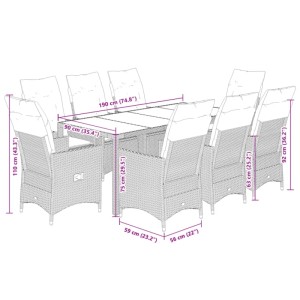 vidaXL 9-tlg. Garten-Essgruppe grau mit Kissen, Poly Rattan, mit Tisch und 8 Stühlen, Maße sind eingezeichnet.