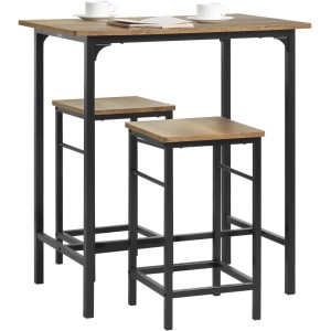 SoBuy Bartisch Set mit 2 Stühlen, Vintagebraun, Holz und Metall. Essgruppe für Küche oder Bar.
