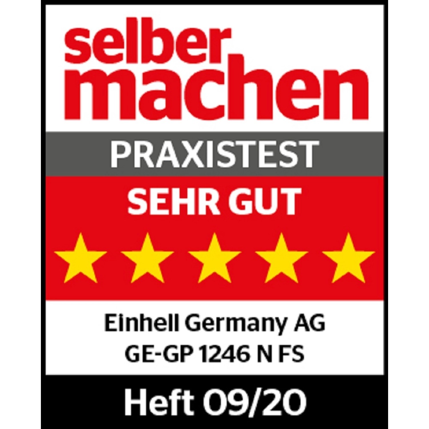 Auszeichnung "sehr gut" für die Einhell Gartenpumpe GE-GP 1246 N FS im Praxistest.
