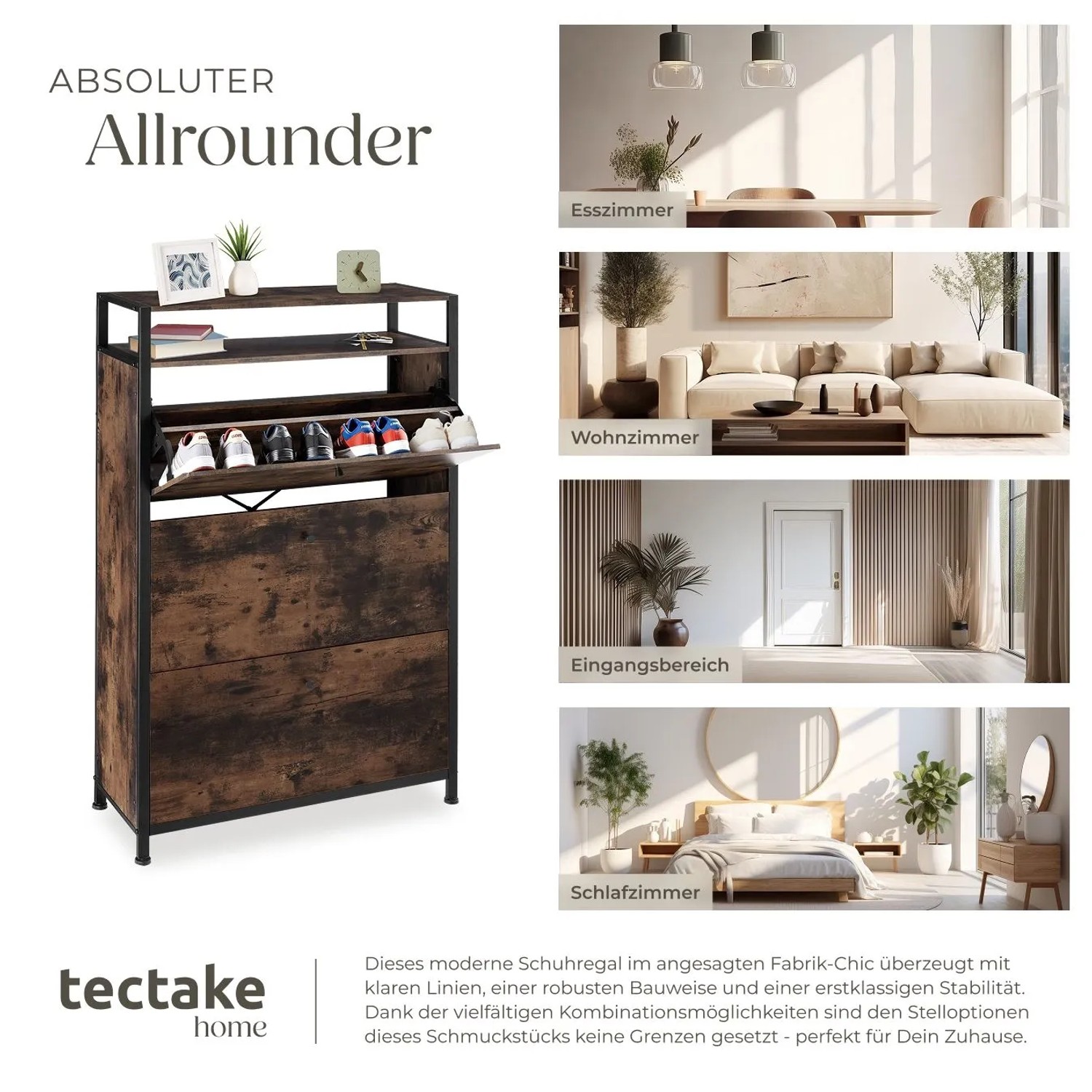 Tectake Schuhschrank Buffalo Industrial Style Holz und Stahl  81 x 32 x 130 cm Industrial Holz Dunkel  Rustikal_7