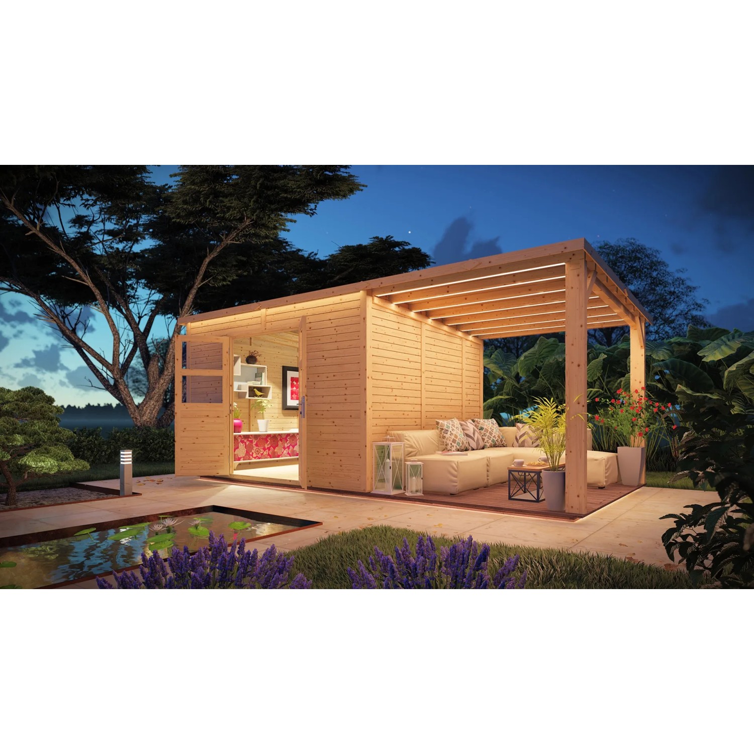 Bertilo Holz-Gartenhaus-Set Borkum 2 mit Terrasse, aus FSC®-zertifiziertem Holz.