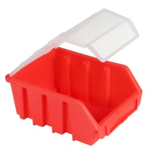 Rote PROREGAL Sichtlagerbox mit transparentem Deckel, 7,5x11,6x16,1cm, für Aufbewahrungssysteme.