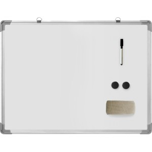 Whiteboard 60x45 cm mit Alurahmen, Stift, Magneten und Schwamm für Notizen und Planung.