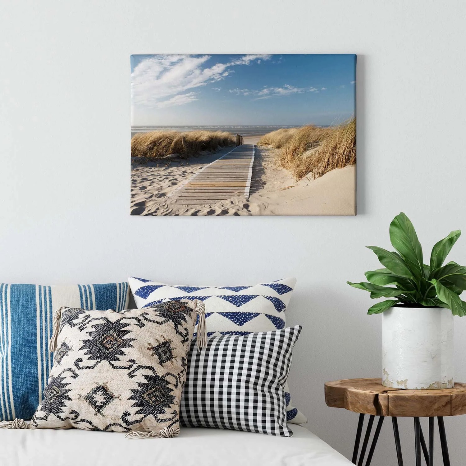 Bricoflor Leinwandbild mit Steg zum Meer, maritimes Wandbild für Wohnräume in Blau und Beige.