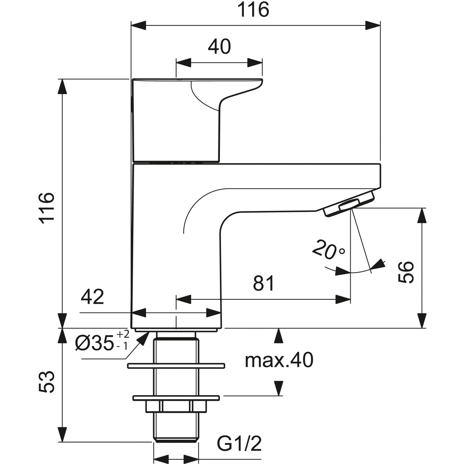 Technische Zeichnung: Ideal Standard Ceraplan Standventil, Chrom, Maße und Details für Waschbeckenarmatur.