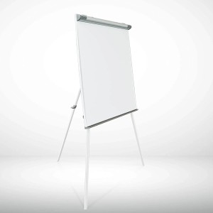 Klappbares KARAT Flipchart mit Dreibein Stativ und Papierhaltern, ideal für Büro und Präsentationen.