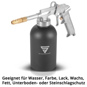 STAHLWERK Druckbecherpistole 1100 ml für Korrosionsschutz. Schwarzer Becher, silberner Griff. Für Farbe, Wachs, Unterbodenschutz.