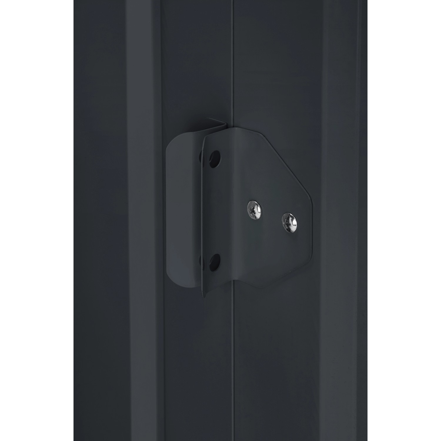 Detailaufnahme: Anthrazitfarbenes Metall-Gerätehaus Skillion, Fokus auf Türscharnier.