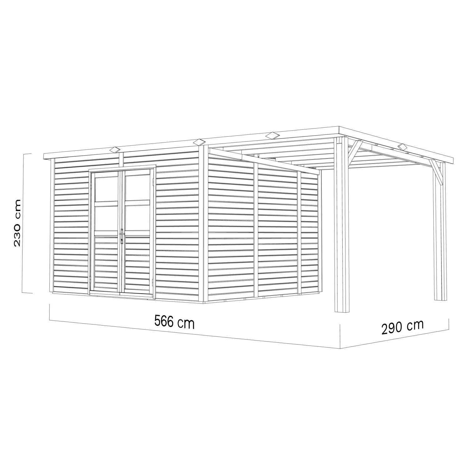 Skizze: Bertilo Holz-Gartenhaus-Set Borkum 2 Natur, 556x290cm, mit Anbau.