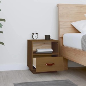 Nachttisch Honigbraun aus Kiefer Massivholz mit Schublade und offenem Fach.