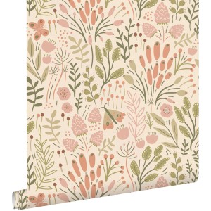 ESTAhome Tapete Blätter und Blumen Olivgrün und Terrakotta 50 x 900 cm