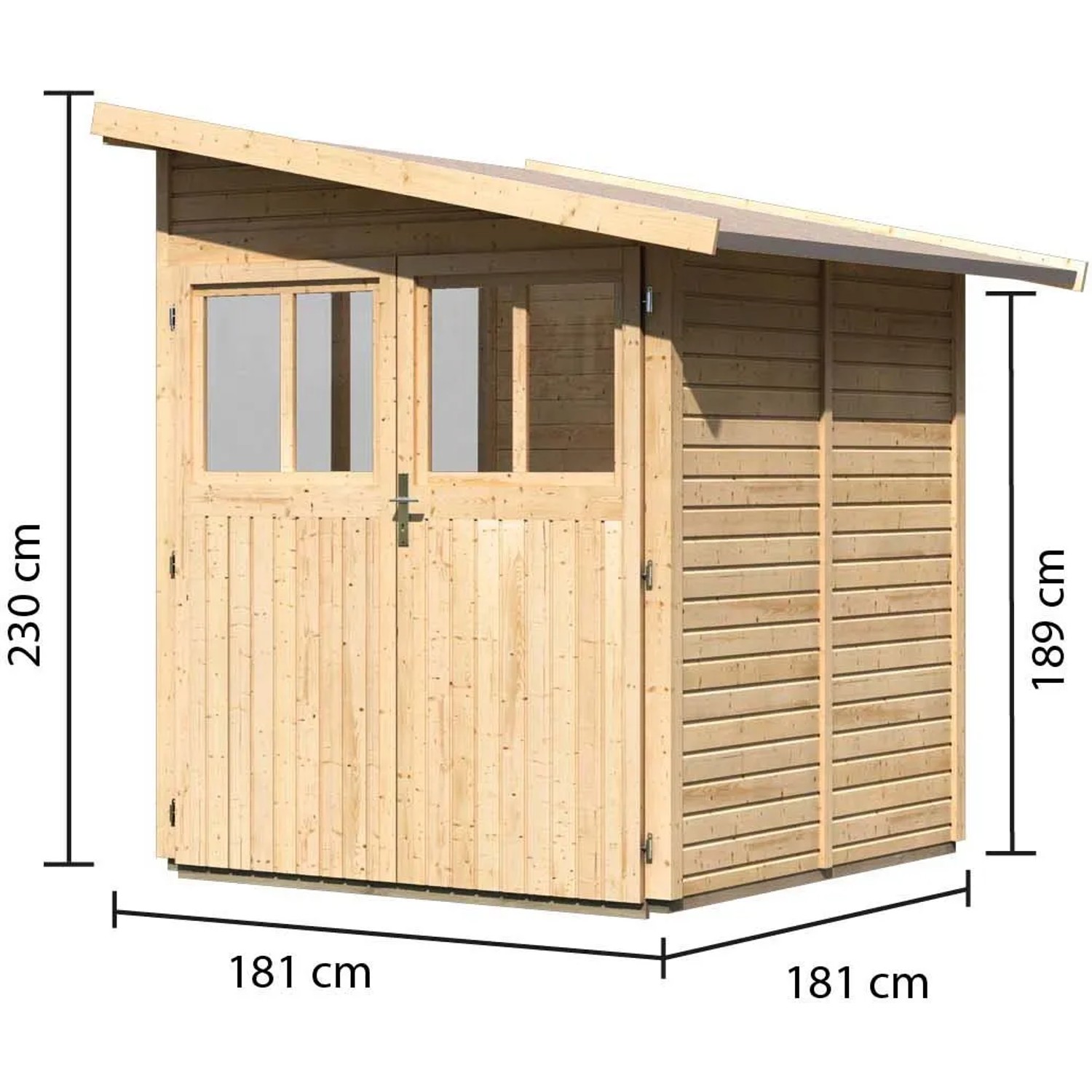 Karibu Holz-Gartenhaus Kristiansund, unbehandelt, mit Pultdach, 178x178 cm. Gartenhaus mit Doppeltür und Fenster.