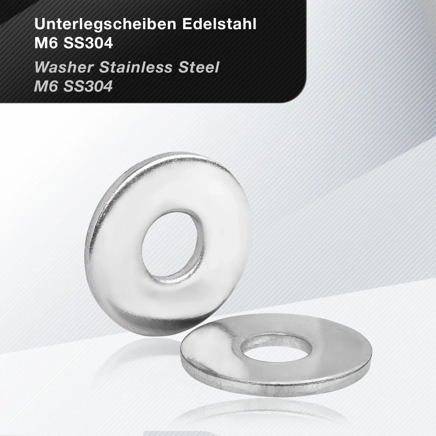 Zwei glänzende M6 Edelstahl Unterlegscheiben (Karosseriescheiben) für sichere Verbindungen.