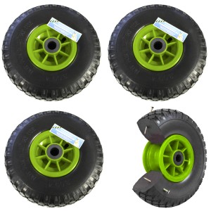 4er Set TRUTZHOLM Sackkarrenräder, 260x85mm, pannensicher, grüne Felge, 60mm Nabe für Baumaschinen.