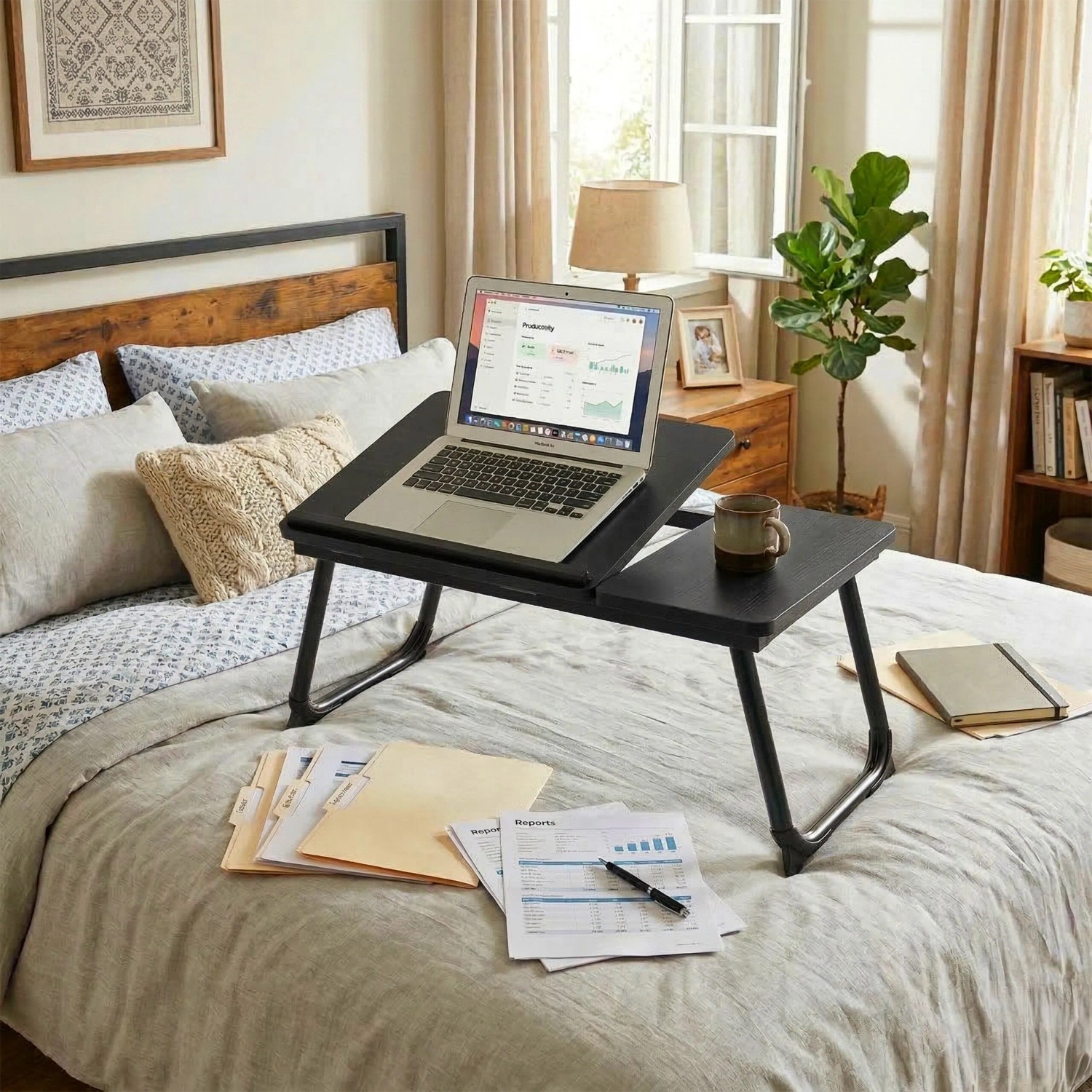 Relaxdays Laptoptisch Stahl MDF Schwarz Höhenverstellbar Klappbar 56 cm x 33 cm x 23,5 cm_2