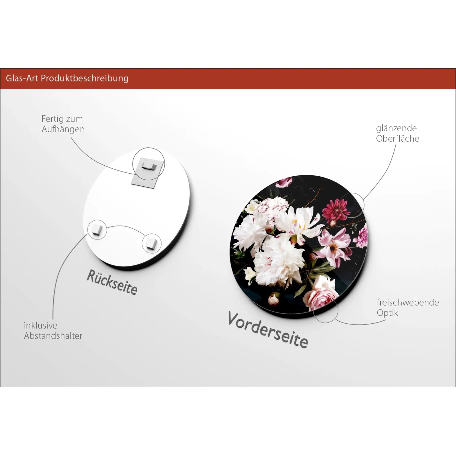 Pro Art Glasbild Baroque Flowers V, Ø 30cm, Detailansicht Vorder- und Rückseite, Blumenmotiv, Wandbild