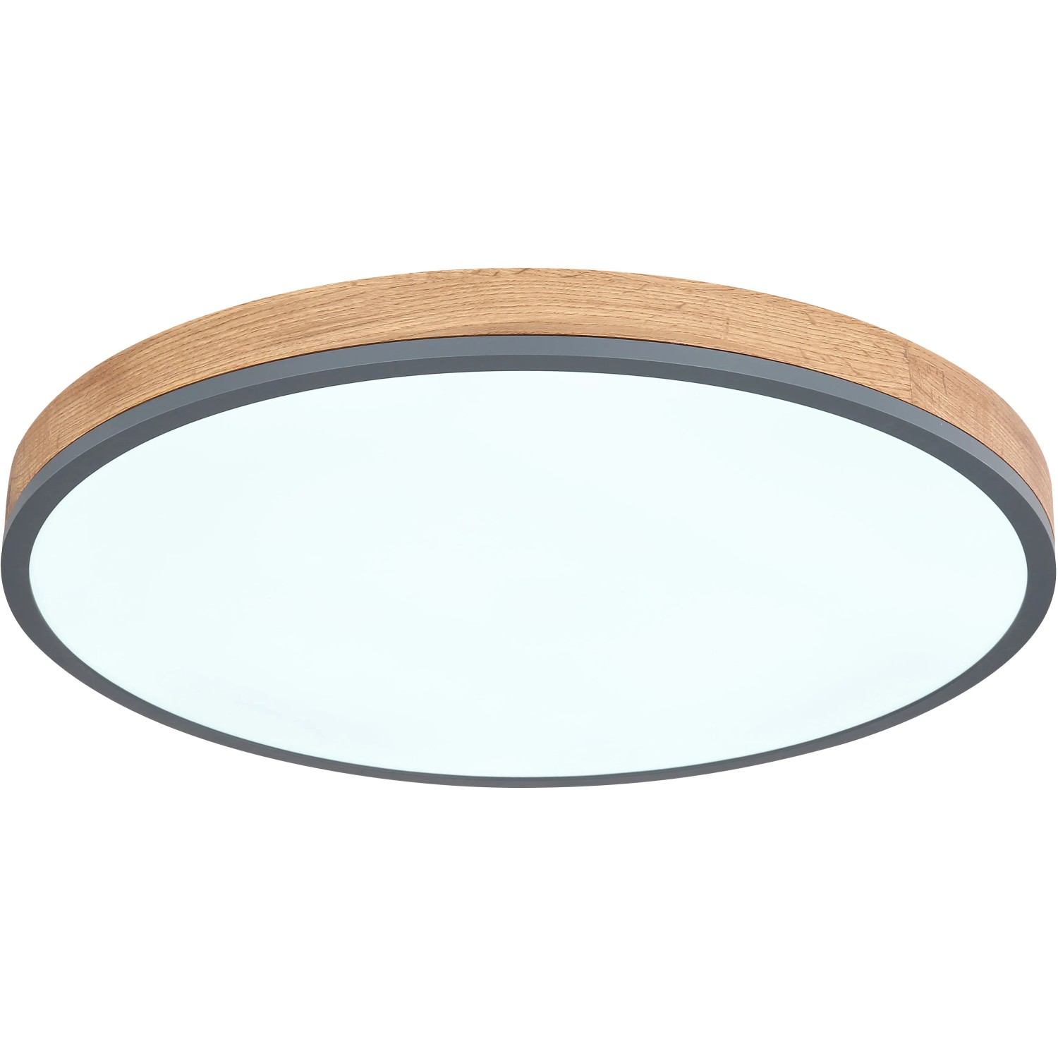 Runde LED-Deckenleuchte Doro, 60 cm, Graphit/Holzoptik, dimmbar und mit Fernbedienung.