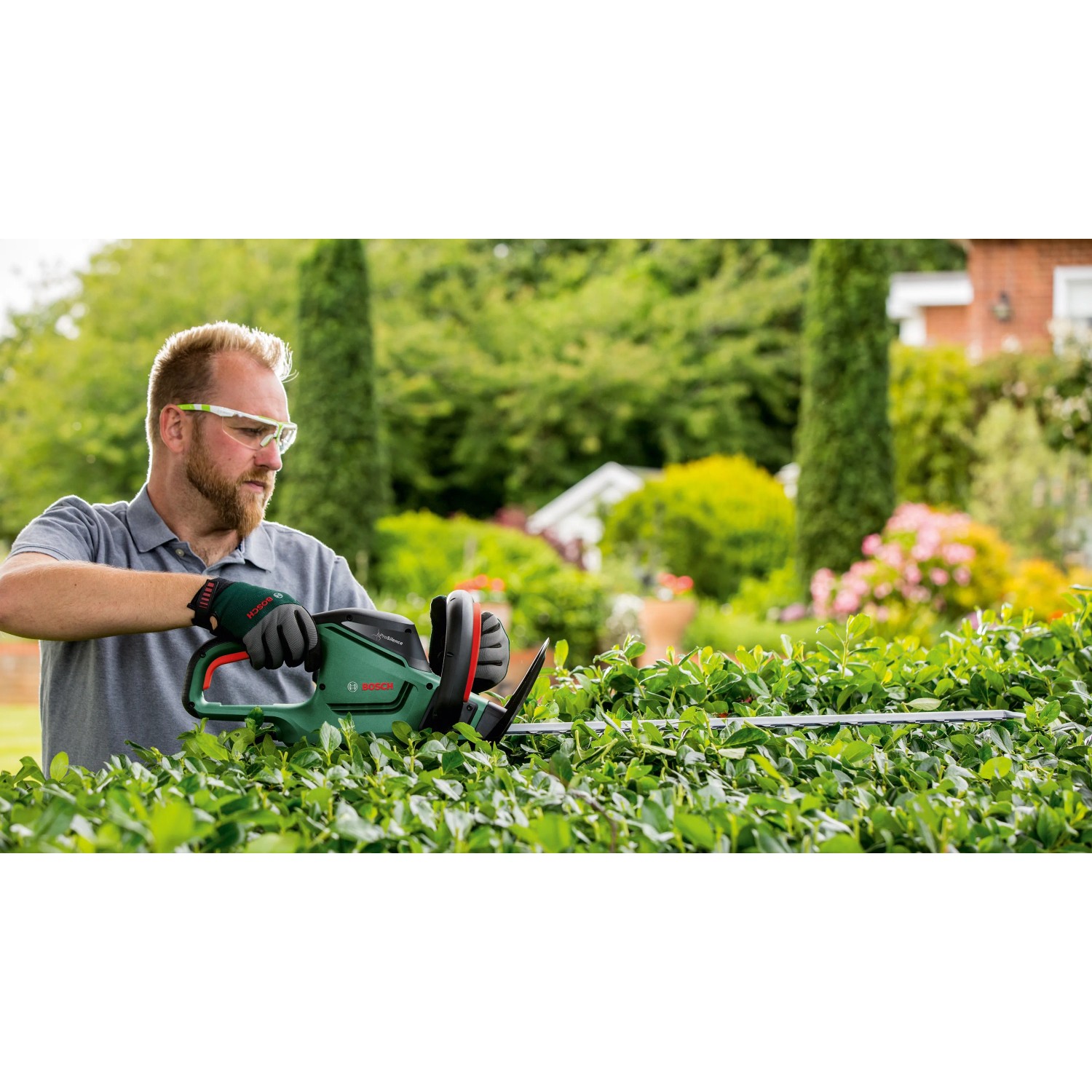 Mann schneidet Hecke mit Bosch Elektro-Heckenschere UniversalHedgeCut 60.