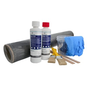 DD Composite Carbon Komplett-Set 0,5m² Köper mit Gewebe, Epoxidharz, Härter, Pinsel, Becher, Stäbe und Handschuhe.