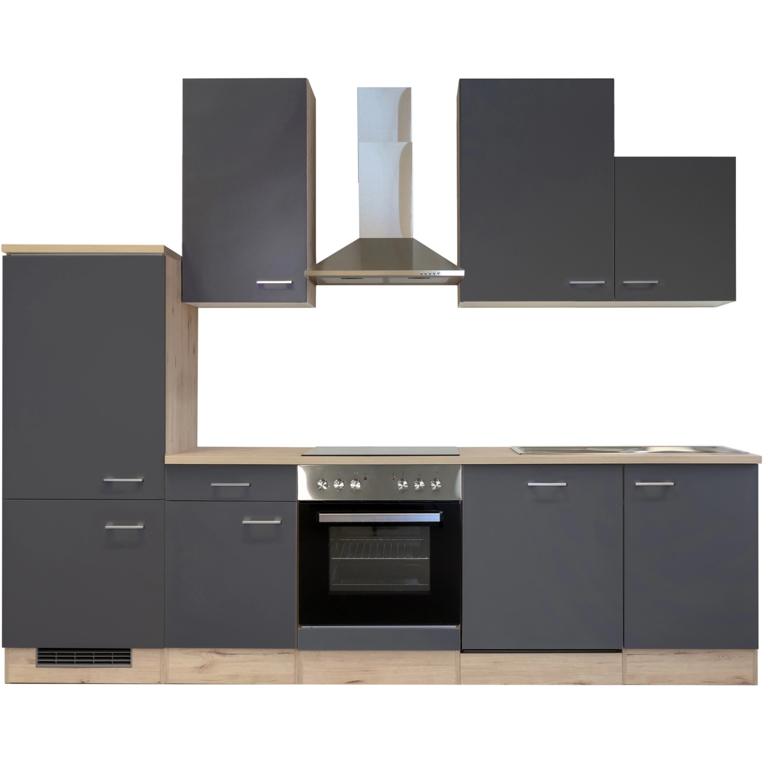 Moderne Küchenzeile Morena in Basaltgrau matt und San Remo Eiche hell mit E-Geräten.