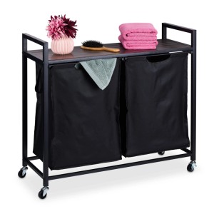 Relaxdays Wäschekorbregal MDF Polyester Eisen Schwarz Dunkelbraun Mit Rollen Ausziehbar 75,5 x 80 x 33 cm 6,9 kg